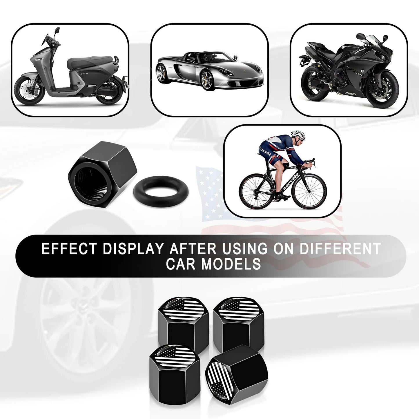 Ajxn 4 PCS B&W American Flag Car Wheel Tire Valve Stem Caps Airtight Dust Proof Covers Universal Tire Air Valve Caps for Cars, Trucks, Bicycles (Black)