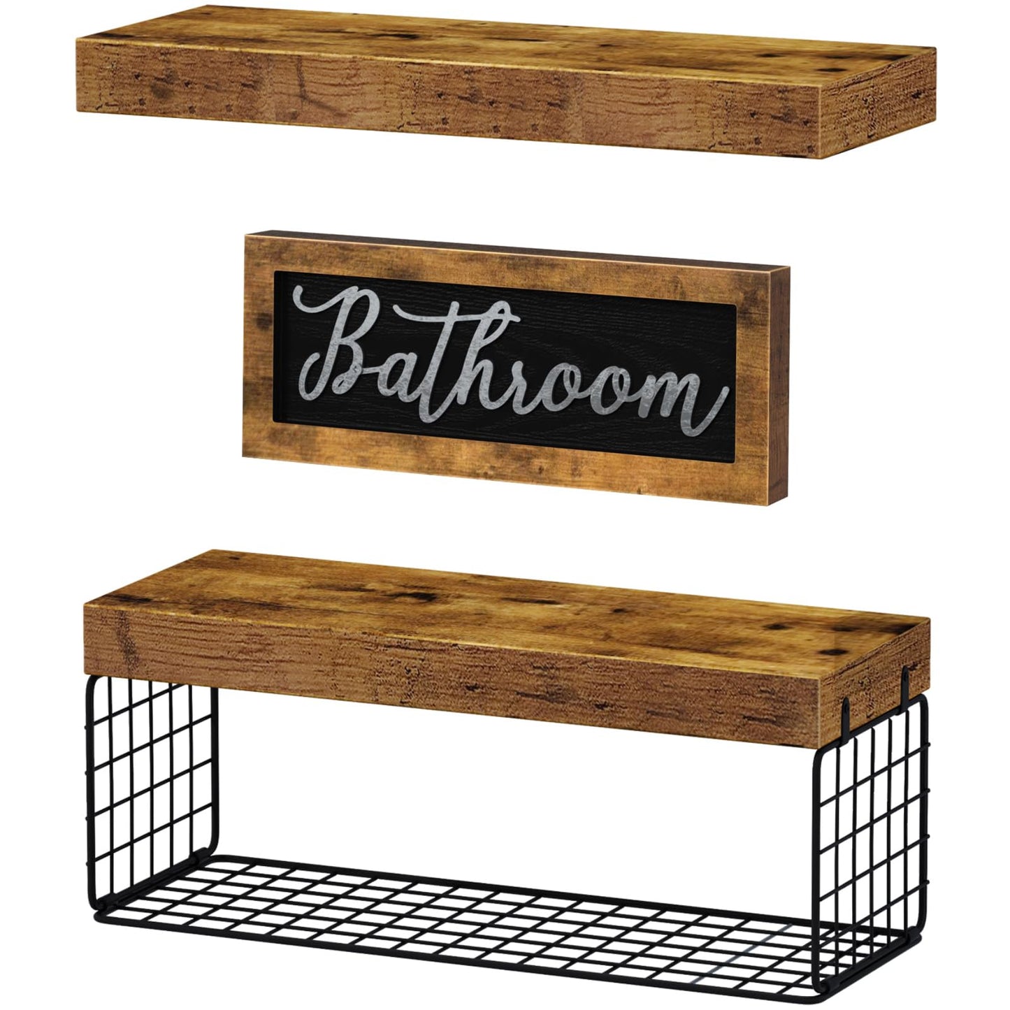 QEEIG ‎Bathroom Shelves Over Toilet - Paper Storage Wall Mounted Farmhouse Decor Decorations Aesthetic Décor Sign Small Floating Shelf 2+1 Set 16 inch, Rustic Brown (020BN)