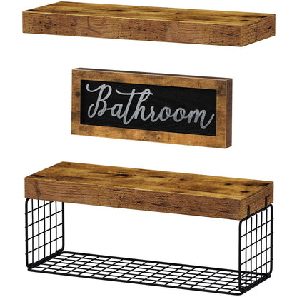 QEEIG ‎Bathroom Shelves Over Toilet - Paper Storage Wall Mounted Farmhouse Decor Decorations Aesthetic Décor Sign Small Floating Shelf 2+1 Set 16 inch, Rustic Brown (020BN)