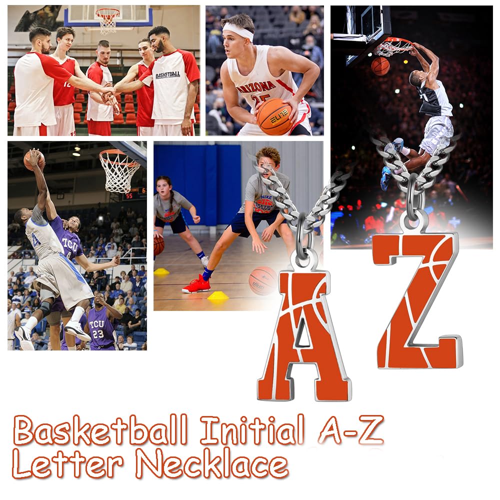 AIAINAGI Basketball Initial A-Z Letter Necklace for Men Basketball Charm Pendant Stainless Steel Silver Chain 22 inch Personalized Basketball Gift for Men(J)
