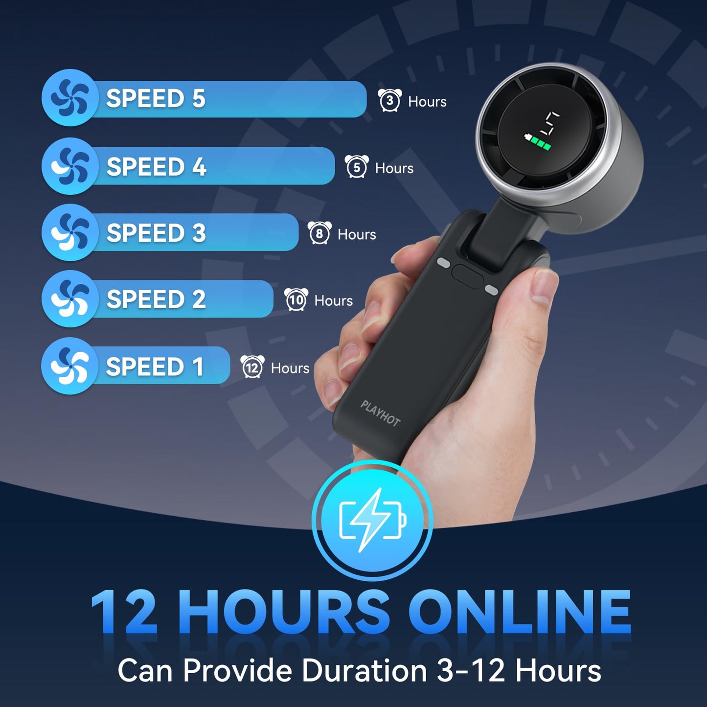 PlayHot Portable Handheld Turbo Fan, 5 Gear Wind, Battery Operated, Up to 12 Working Hours, 3 IN 1 Hand Fan with Air Turbo Tech Cooling Fan for Outdoor Activities, Travel, Beach (Black)