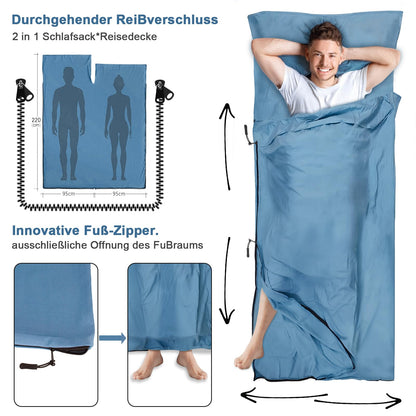 LSTRAGY Sleeping Bag Liner, Updated Adult Sleep Sack & Travel Sheets with Foot Zipper, Lightweight and Portable Camping Sleeping Bag Liners - Ideal for Backpacking, Hostels and Camping(Blue)