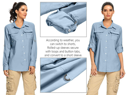 Jessie Kidden Women's UPF 50+ UV Sun Protection Safari Shirt, Long Sleeve Quick Dry Outdoor Adventure (5055 Light Blue XXL)