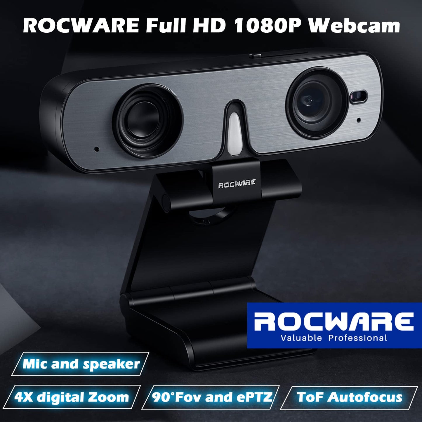 ROCWARE RC08 2K Webcam with Speaker, Webcam for PC, HD Web Cam with Noise Reduction Mic/Harman Speaker/4X Eptz/Privacy Cover/0.2S Auto-Focus/Low Illumination, Computer Camera for Zoom/Teams/Meeting