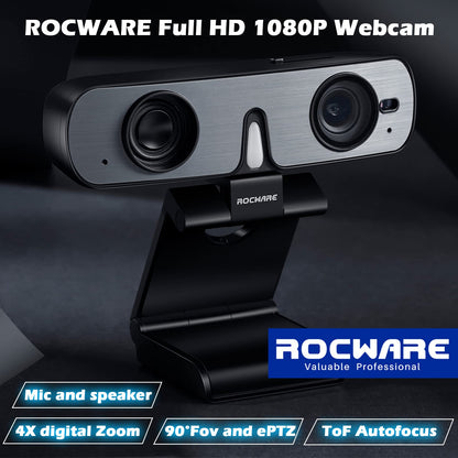 ROCWARE RC08 2K Webcam with Speaker, Webcam for PC, HD Web Cam with Noise Reduction Mic/Harman Speaker/4X Eptz/Privacy Cover/0.2S Auto-Focus/Low Illumination, Computer Camera for Zoom/Teams/Meeting