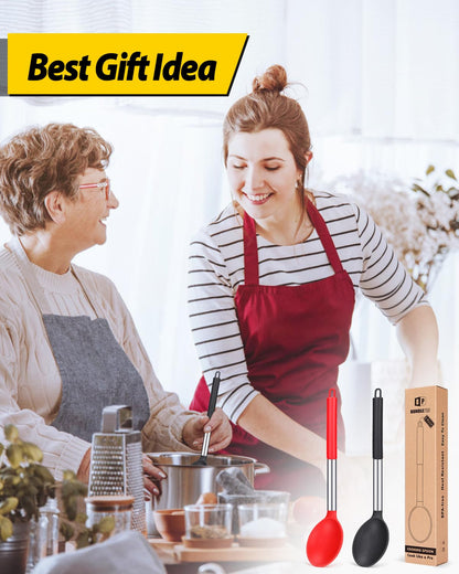 Pack of 2 Large Silicone Cooking Spoon Non Stick Solid Basting Spoons Heat-Resistant Kitchen Utensils for Mixing Serving (Black-Red)