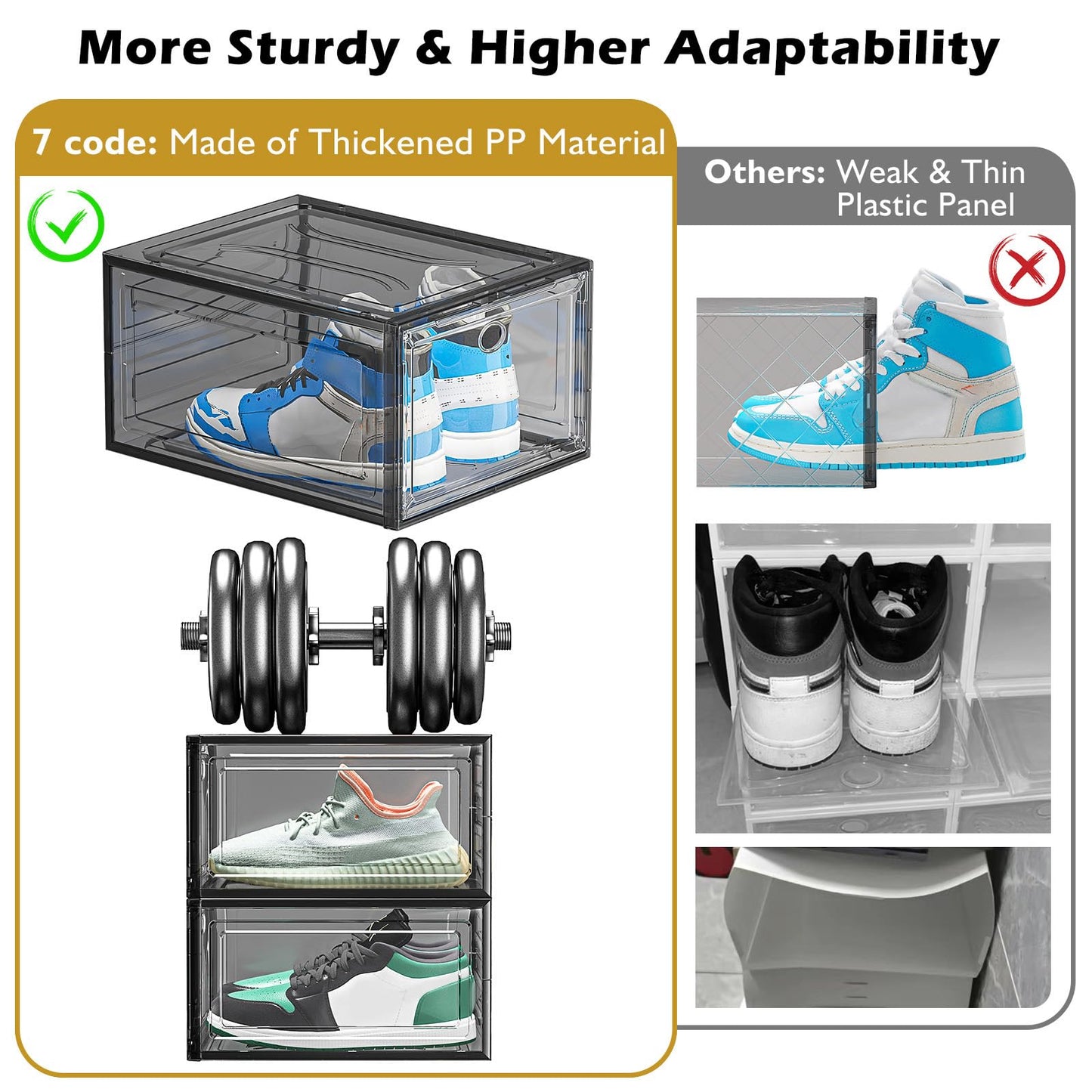 7 code Thicken & Sturdy Clear Shoe Storage Organizer with Magnetic Door, Stackable Boxes for Closet, Foldable Shoe Rack for Sneaker Boot Container, Plastic Shoe Cabinet Shoe Box 6 Pack, Black
