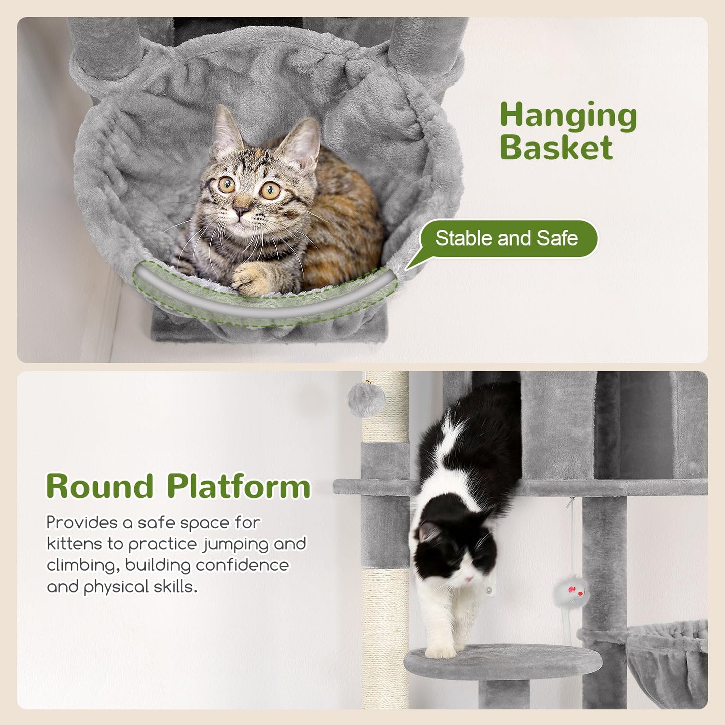 Globlazer Cat Trees and Towers for Multiple Adult Cats, 82-inch XXL Tall Cat Tree Tower for Indoor Cats with Scratching Post, 3 Perches, 2 Condos, 2 Hanging Baskets, F82, Light Grey