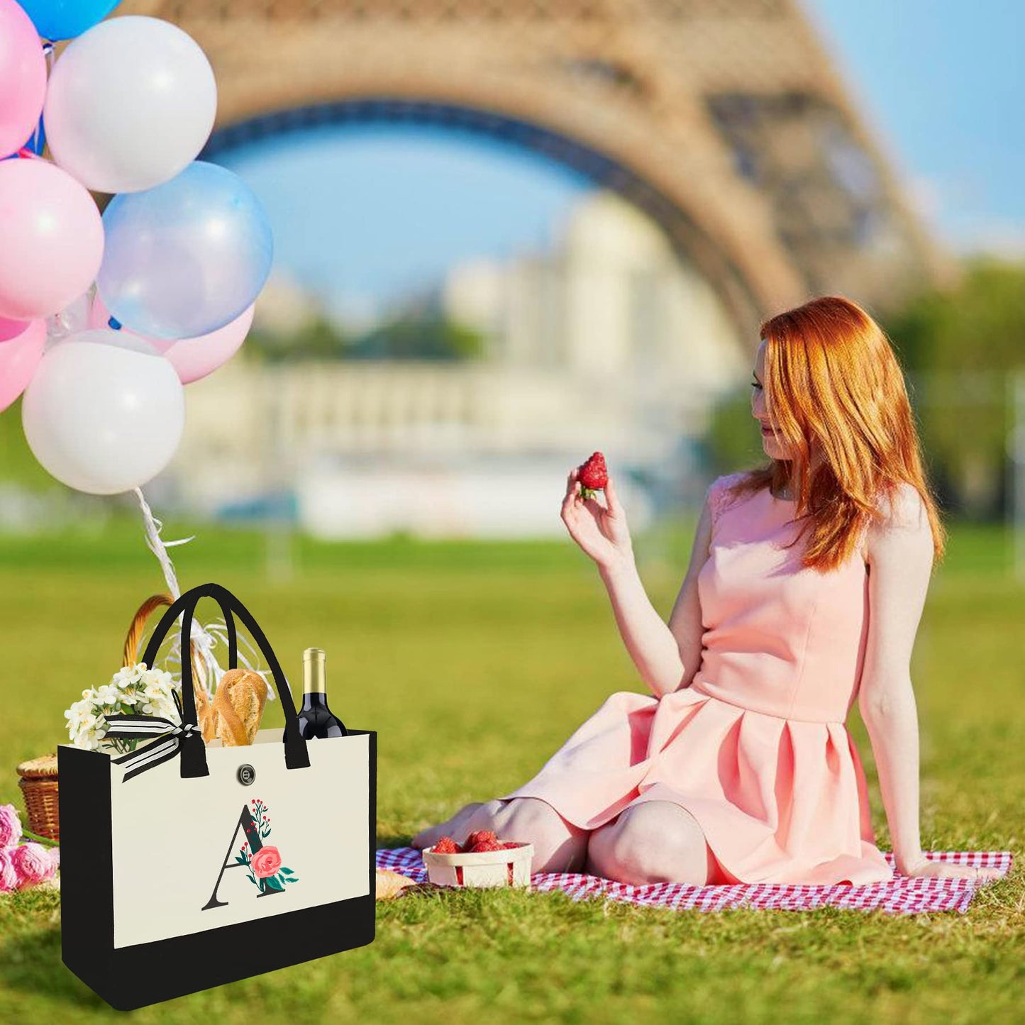 Initial Canvas Tote Bag, Personalized Birthday Gifts for Women Mom Friends Teachers, Monogrammed Tote Bags Suitable for Mother's Day Wedding Beach (Letter A)