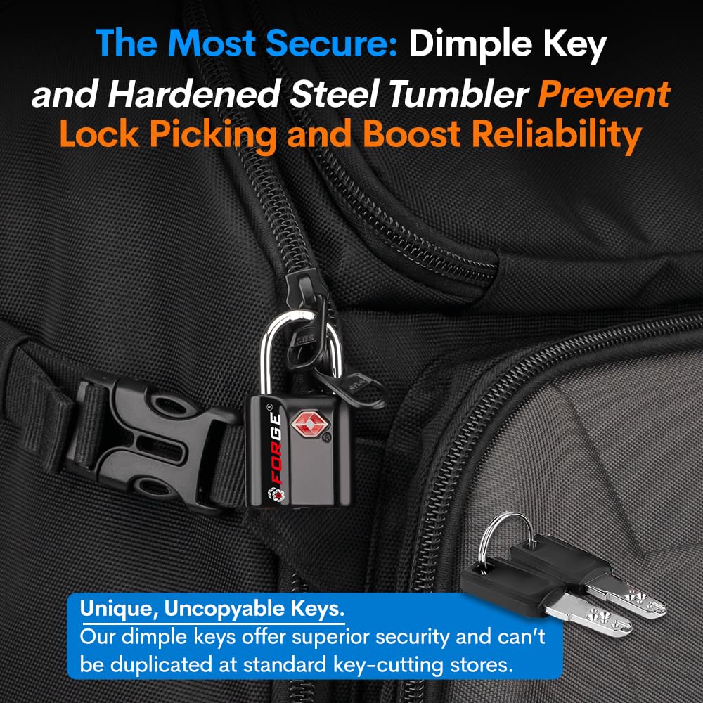 Forge 1'' Wide 1.8'' Tall, TSA Approved Luggage Locks: Key Locks for Travel. Ultra Secure Dimple Key Travel Locks Alloy Body Luggage Locks. Black 2 Pack.