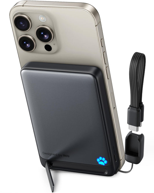 INIU for MagSafe Portable Charger, Qi2 Certified, Slimmest 45W 10000mAh Magnetic Power Bank, with USB C Cable & Stand, Fast Charging MagSafe Compatible Battery Pack for iPhone 16 15 14 13 12 Only