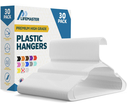 Lifemaster Plastic Clothes Hanger Set - 30 Pieces Versatile, Lightweight, Space-Saving, Non-Slip, Slim Designed, Dry and Wet Clothes Hanger Set - White