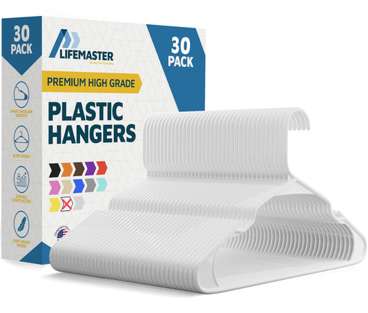 Lifemaster Plastic Clothes Hanger Set - 30 Pieces Versatile, Lightweight, Space-Saving, Non-Slip, Slim Designed, Dry and Wet Clothes Hanger Set - White
