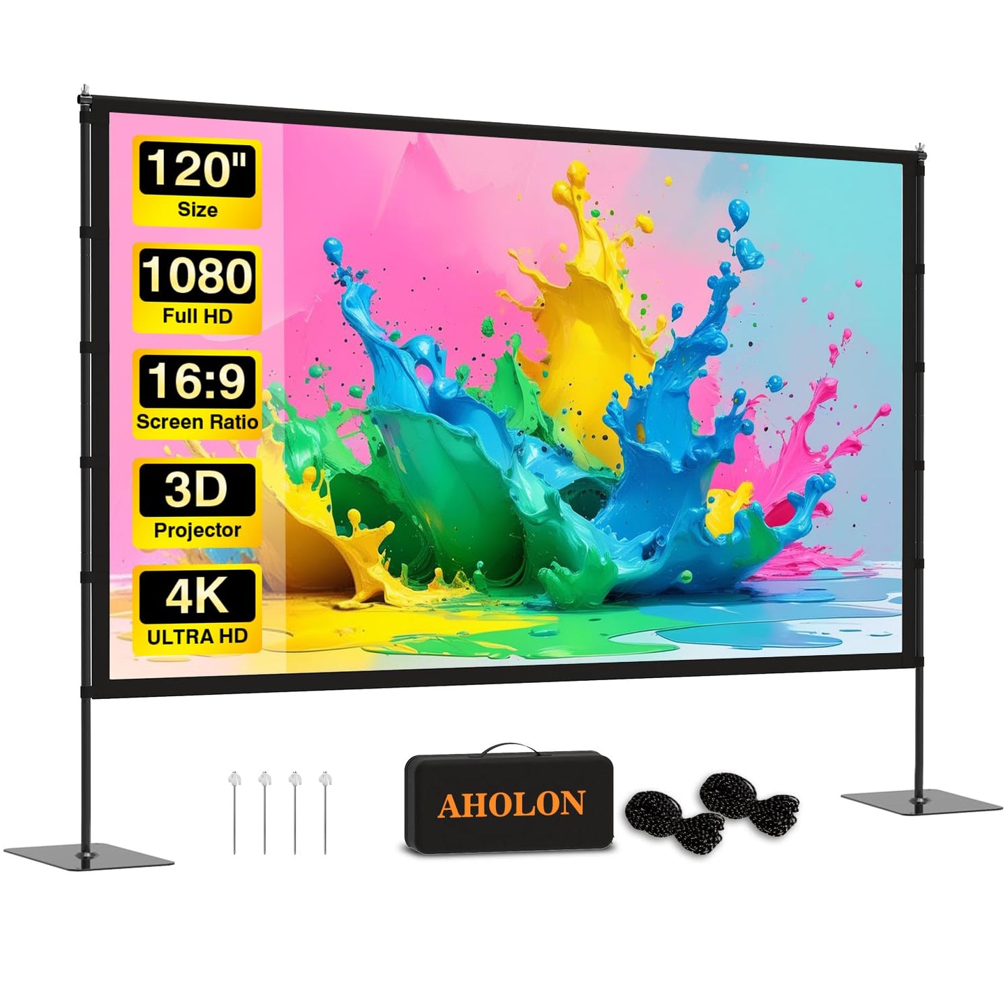 Outdoor Projector Screen with Stand - 120 inch Portable Projector Screens Indoor Outdoor Projector Screen 16:9 4K HD Outdoor Movie Screen with Carry Bag,Enioy Home Theater Projection Screen.