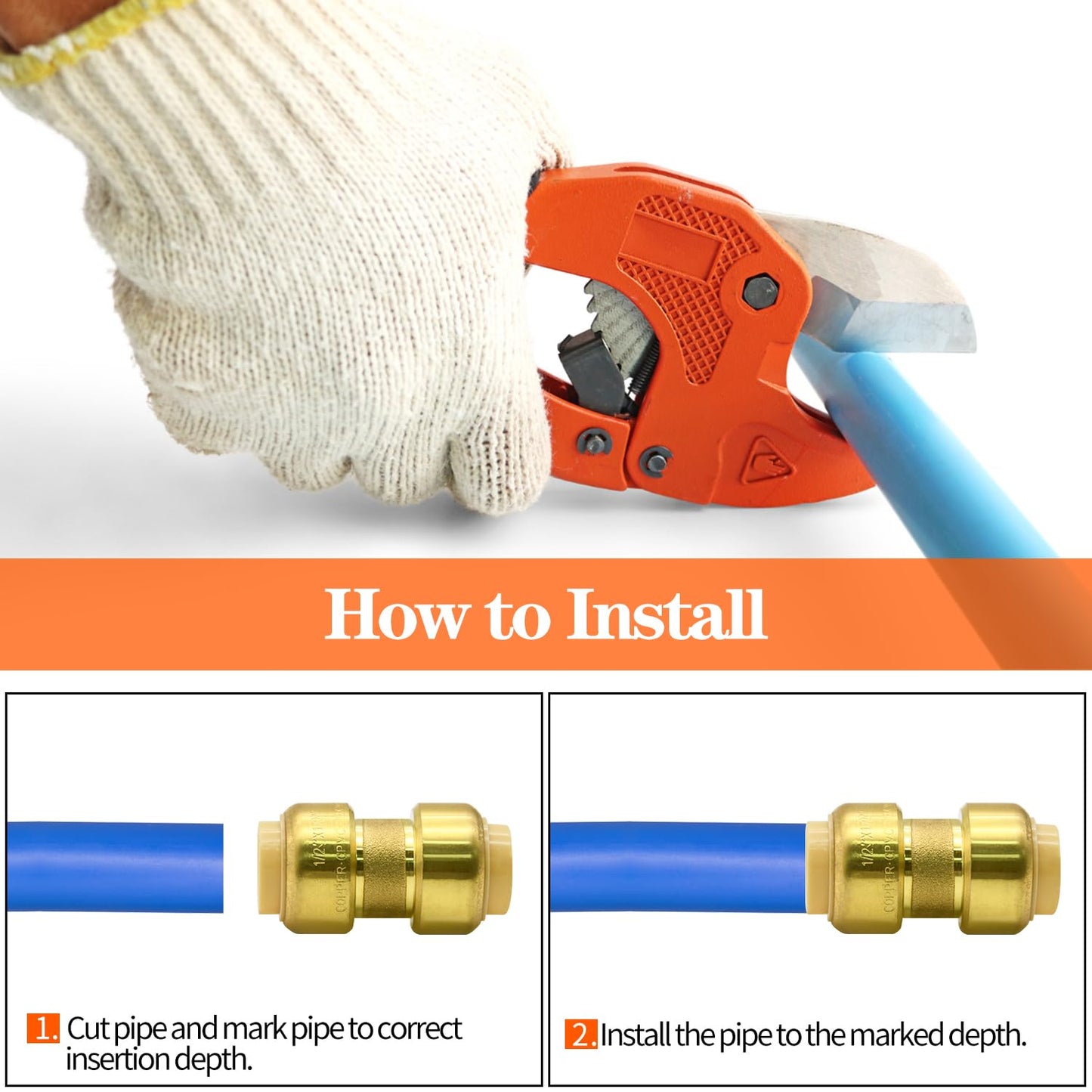 2/6/12 Pack Push-to-Connect Plumbing Fittings, 1/2" Pushfit Straight Fittings with Disconnect Clip for Copper, PEX, CPVC Pipe (1/2" Straight, 2)