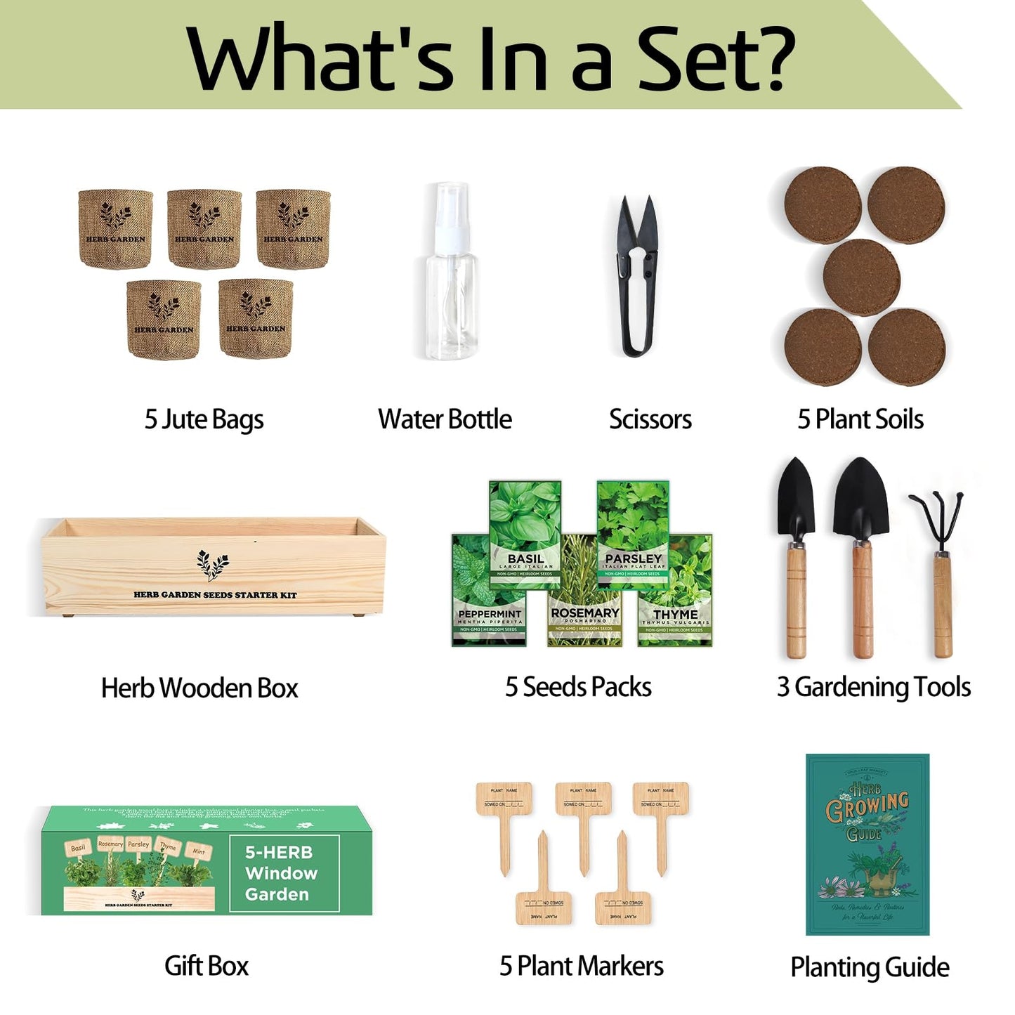 Meekear 5 Herb Seeds Garden Starter Kit with Complete Planting Kit & Wooden Flower Box, Growing into Basil, Parsley, Rosemary, Thyme, Mint for Kitchen Windowsill Herb Garden DIY