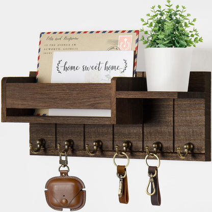 RelaxScene Key Holder Wall Mount - Decorative Key Rack and Mail Organizer with 6 Key Hooks - Wooden Key Hanger with Shelf for Living Room Decor - Rustic Farmhouse Home Entryway Aesthetic Essentials