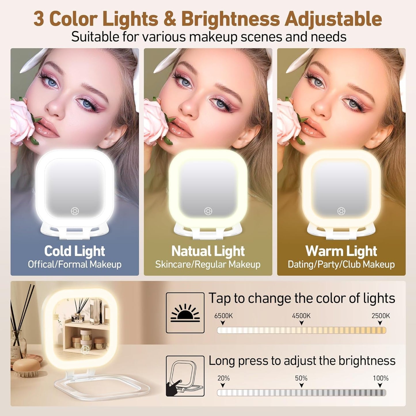 GOMIPURU Travel Mirror with Light, 1x/30x Magnifying Mirror with 3 Color Lights and Adjustable Brightness, 4.5x3.9 inch Small Compact Hangable Hand Pocket 3 Way Mirrors, Comes with Tweezer