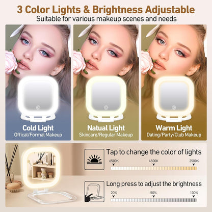 GOMIPURU Travel Mirror with Light, 1x/30x Magnifying Mirror with 3 Color Lights and Adjustable Brightness, 4.5x3.9 inch Small Compact Hangable Hand Pocket 3 Way Mirrors, Comes with Tweezer