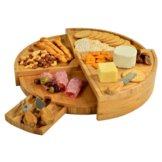 Picnic at Ascot Patented Bamboo Cheese/Charcuterie Board with Cheese Knife Set - Stores as a Compact Wedge - Opens to 18" Diameter - Designed & Quality Checked in USA