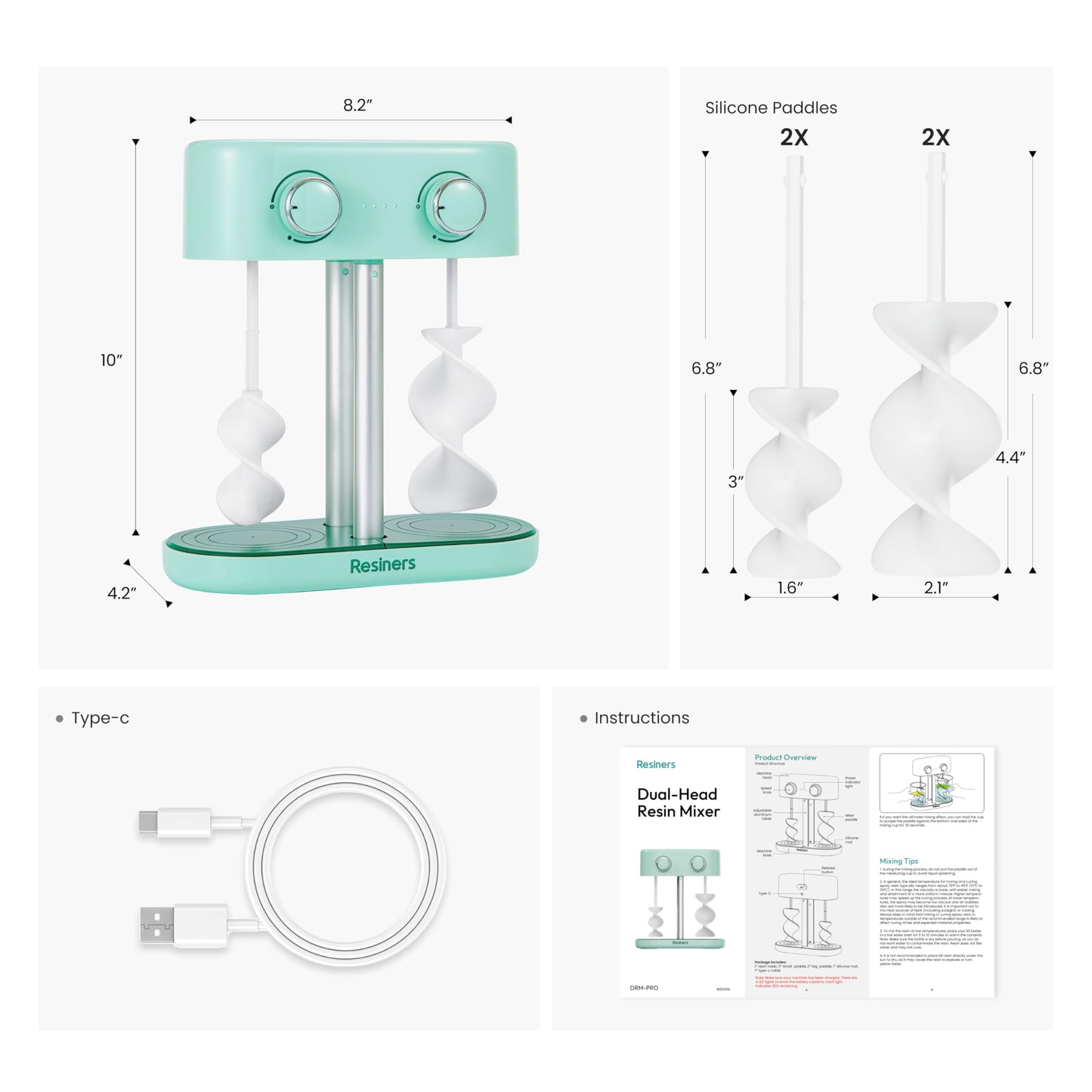 Resiners Dual-Head Resin Mixer with Spiral Silicone Paddles, Rechargeable Epoxy Mixer, Stepless Speed & Minimum Bubbles, Electric Stirrer for Resin,Silicone,Paint Mixing,Resin Tools,DIY Crafts