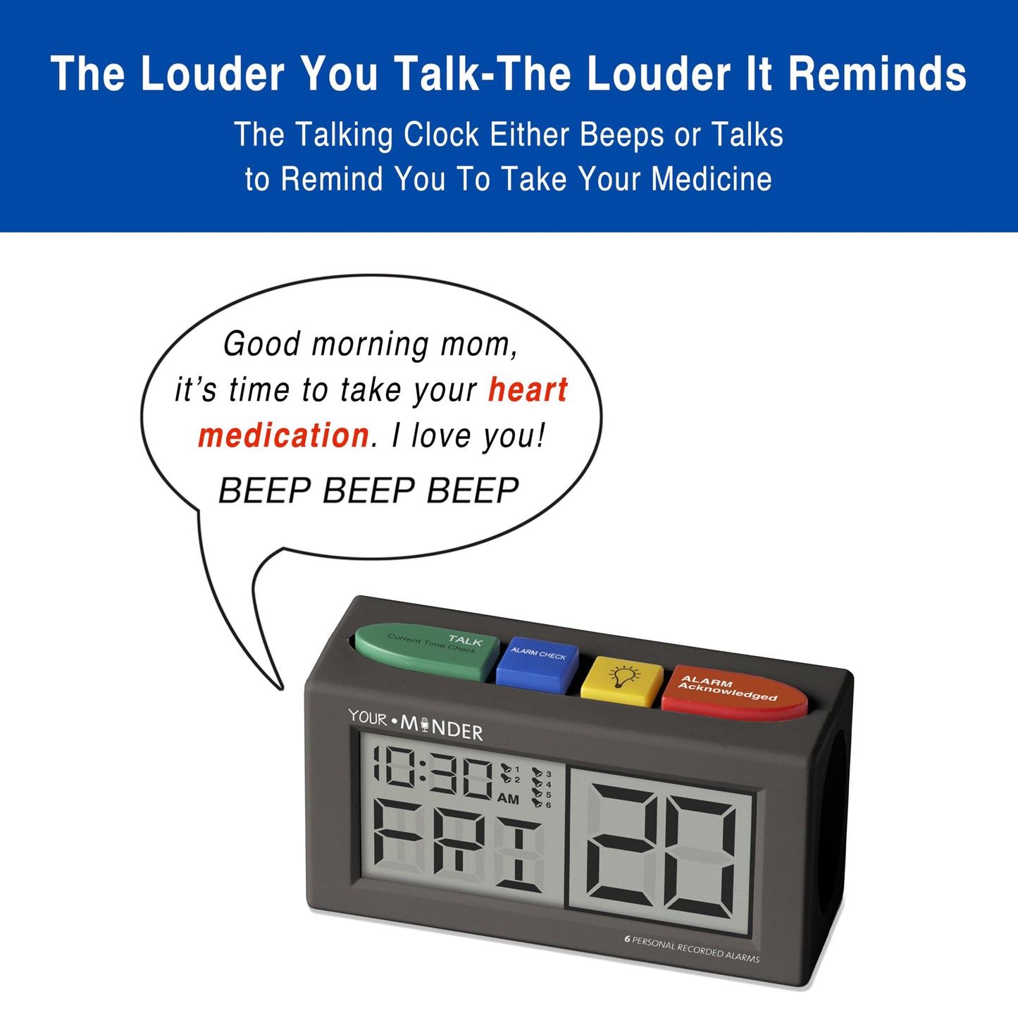 MEDCENTER Your Minder Voice Record and Alarm Replay Reminder Clock with Loud, Easy Set, Multiple Alarms, Recordable Talking Alarm Clock for Medication Reminders, Gift for Mom, Dad, Elderly, & Seniors
