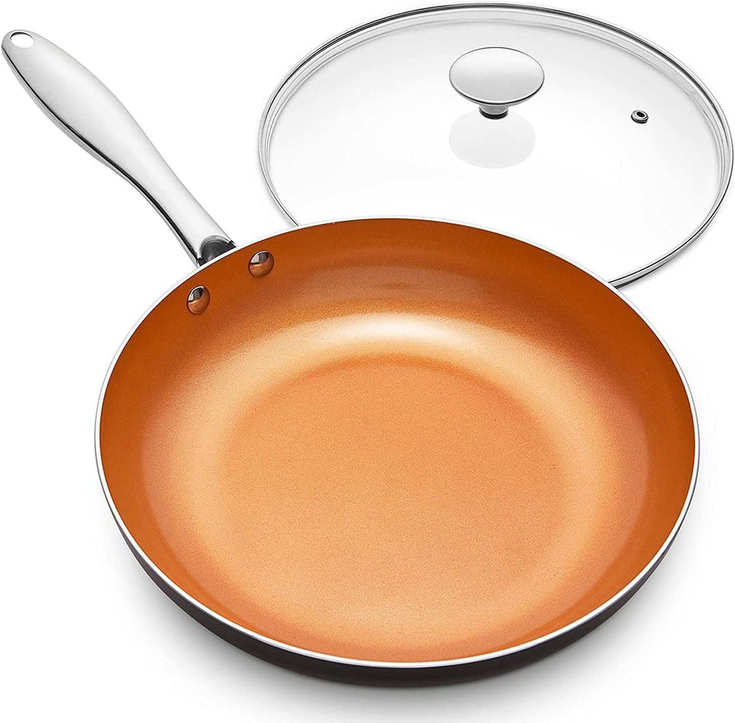 MICHELANGELO 12 Inch Frying Pan with Lid, Nonstick Copper Frying Pan, Non Stick Ceramic Skillet with Lid, Large Copper Pan Non-Stick, Induction Compatible