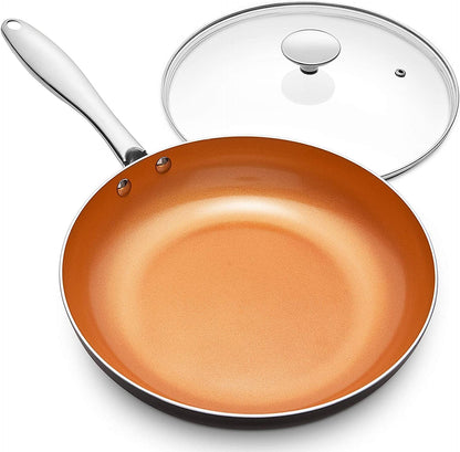 MICHELANGELO 12 Inch Frying Pan with Lid, Nonstick Copper Frying Pan, Non Stick Ceramic Skillet with Lid, Large Copper Pan Non-Stick, Induction Compatible