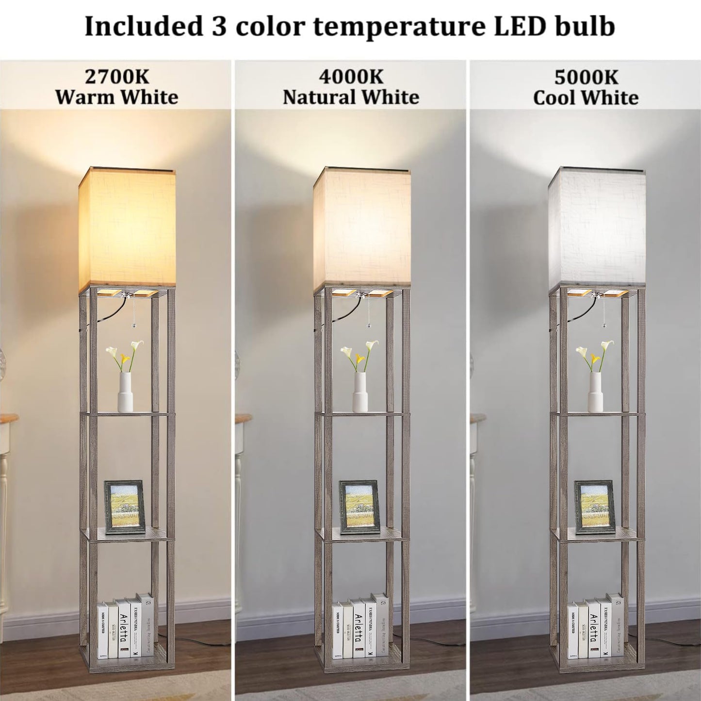 Floor Lamp with Shelves，Wood Corner Floor Lamps for living room tables with 3 CCT LED Bulb,Modern Display Bookshelf Nightstand Lamps,Column Standing Lamp for Bedroom Office Home Decor-Rustic Wood