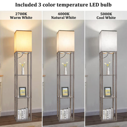 Floor Lamp with Shelves，Wood Corner Floor Lamps for living room tables with 3 CCT LED Bulb,Modern Display Bookshelf Nightstand Lamps,Column Standing Lamp for Bedroom Office Home Decor-Rustic Wood