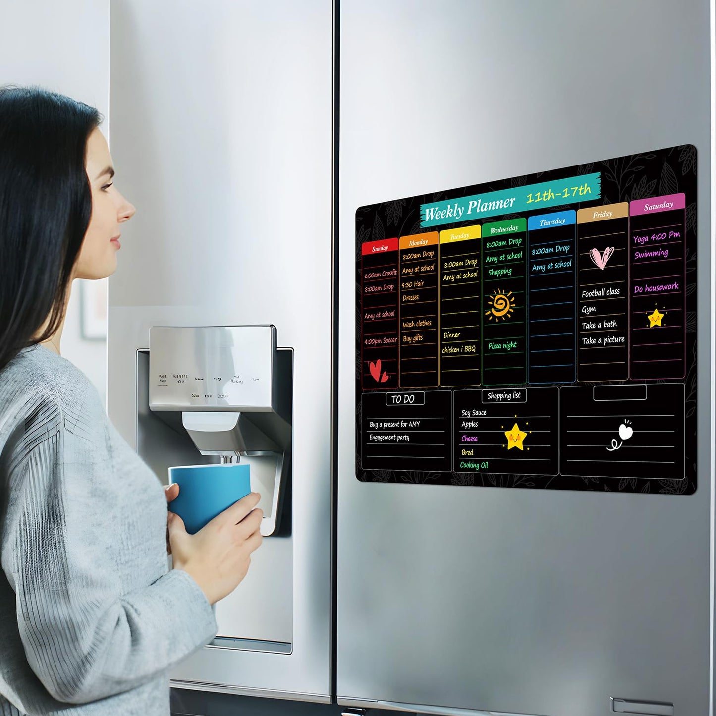 MaxGear Black Weekly Dry Erase Board,16"x12" Magnetic Whiteboard Meal Planner Blackboard for Fridge, Chalkboard Calendar Menu Planning Board Notepad for Kitchen with 7 Markers and 1 Eraser