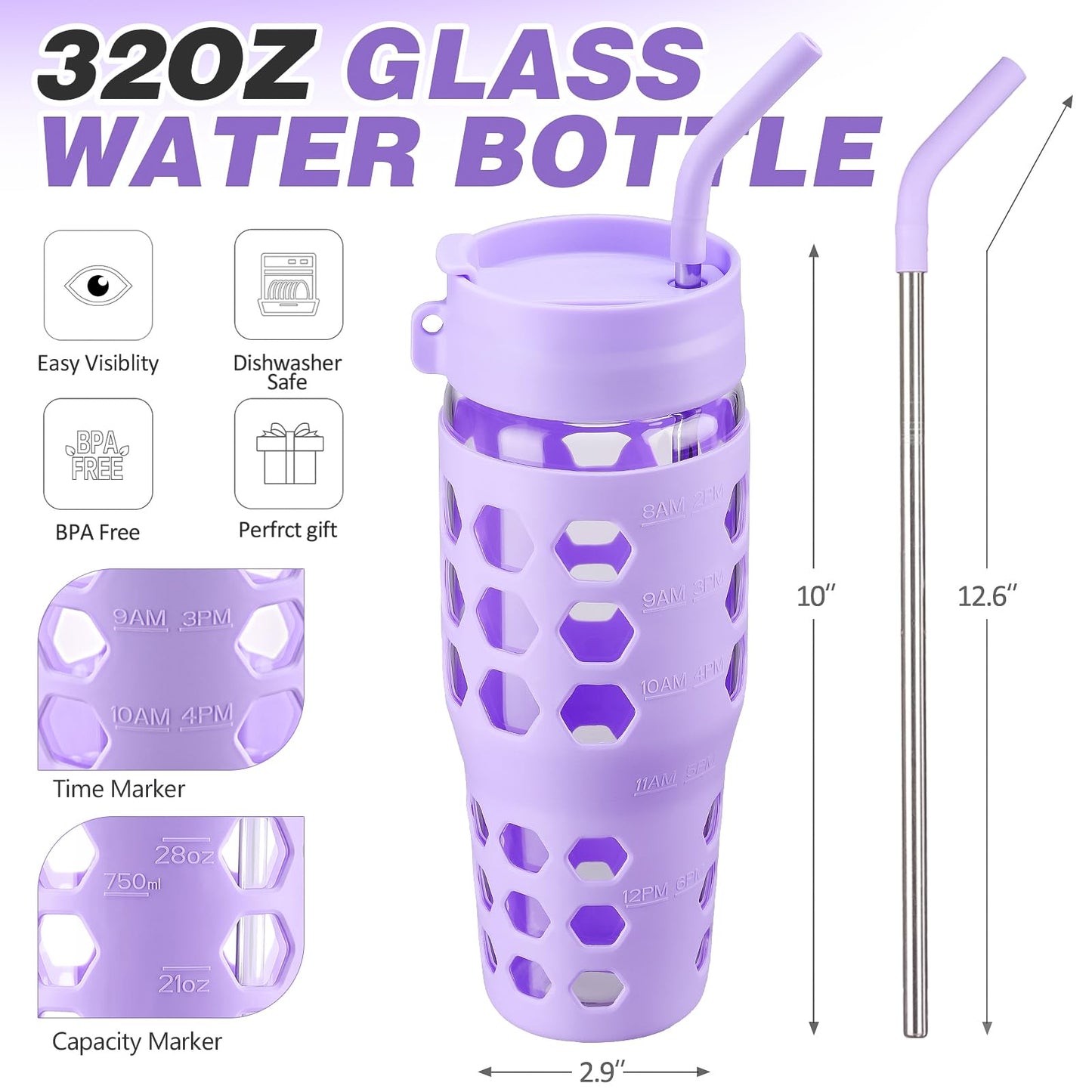 MUKOKO 32 oz Glass Tumbler with Straw,Glass Water Bottles with Time Marker,Iced Coffee Cup with 2 Lids-Handle Spout Lid&Straw Lid,Silicone Sleeve,Leakproof,1 Pack-Purple