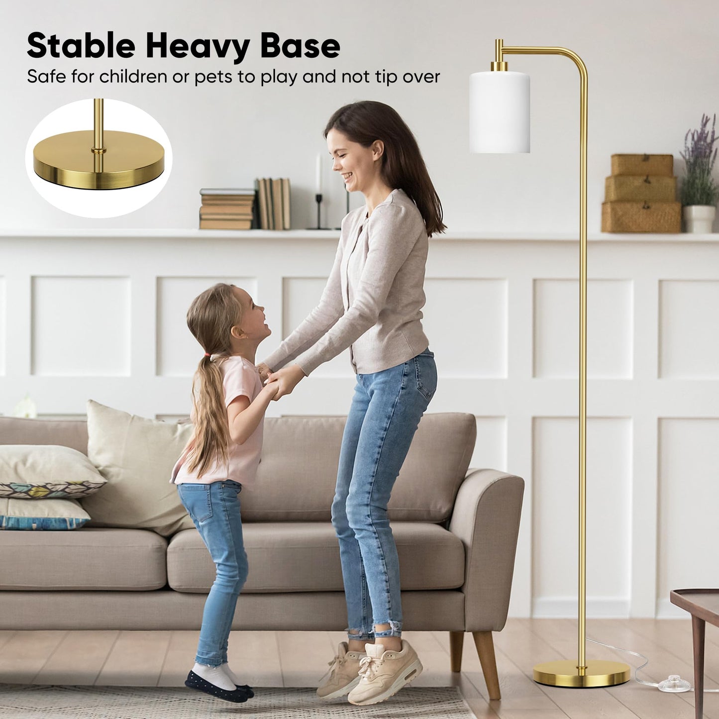 QiMH Floor Lamps for Living Room, Modern Standing Lamp with Frosted Glass Shade, Industrial Floor Lamp - Foot Switch, Gold Tall Pole Lamp for Bedroom Home Office (LED Bulbs Included)