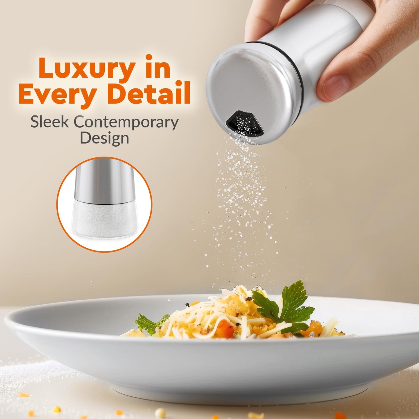 HOME EC Original Salt and Pepper Shakers Set with Adjustable Pour Holes - Glass and Stainless Steel Salt Shaker and Pepper Shaker - Farmhouse Spice dispenser for salts, ground peppercorn and spices