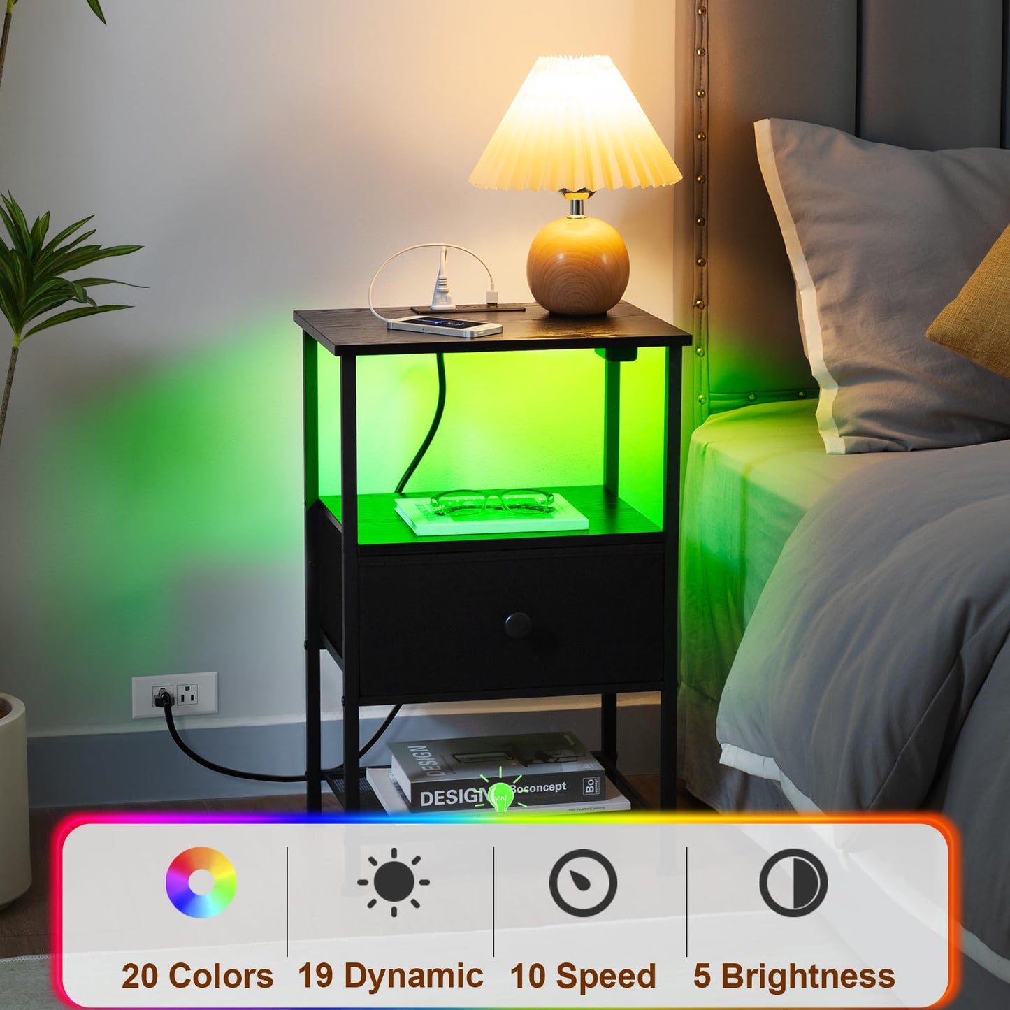 LOAKEKEL Night Stand Set 2, LED Nightstand with Charging Station, End Tables Living Room with Fabric Drawer, Small Side Tables for Bedroom, Small Space, Black, HETS01BK