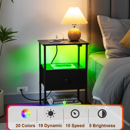 LOAKEKEL Night Stand Set 2, LED Nightstand with Charging Station, End Tables Living Room with Fabric Drawer, Small Side Tables for Bedroom, Small Space, Black, HETS01BK
