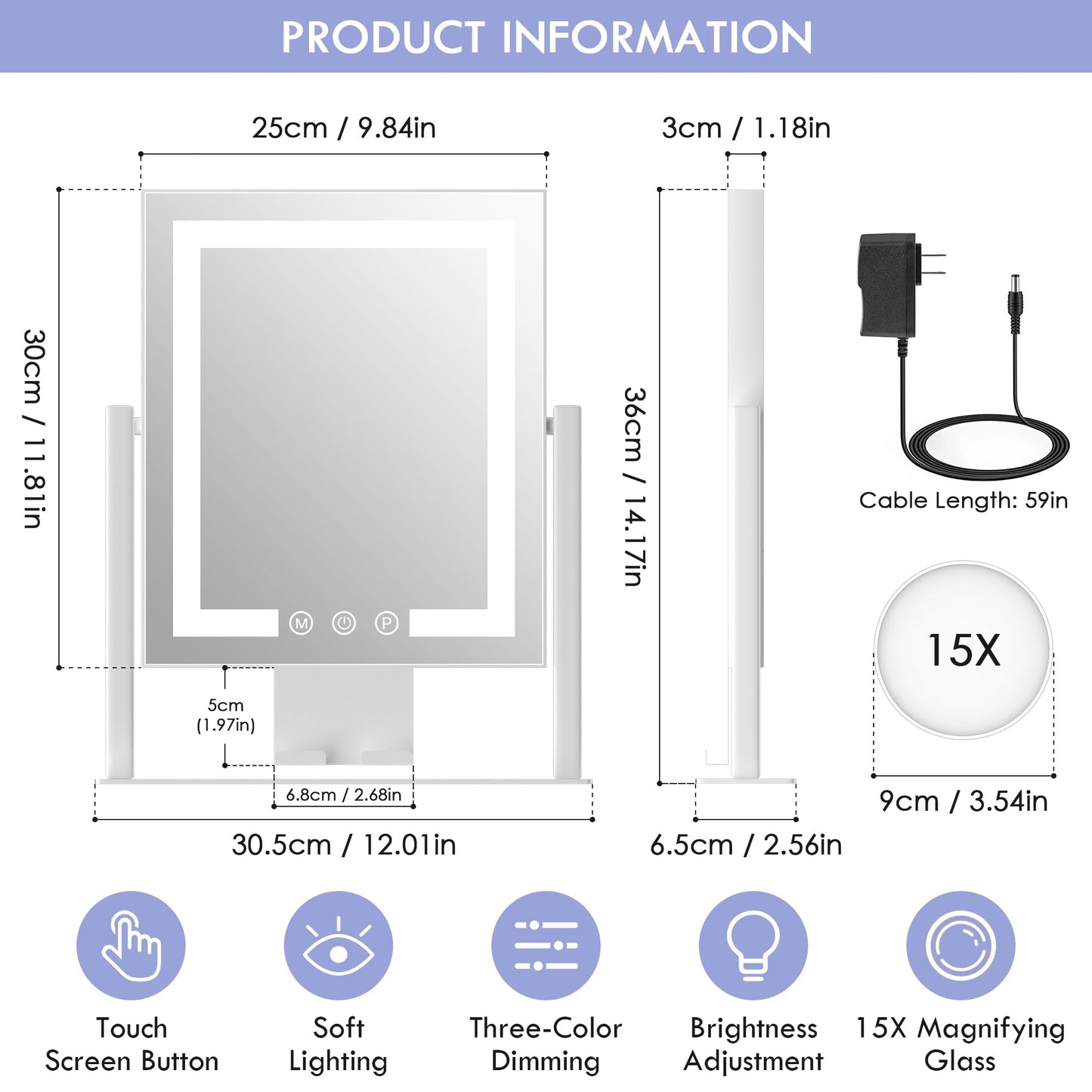 LuxeVue Makeup Mirror with Lights, Vanity Mirror with 3 Lighting Modes, Light Up Mirror, Touch Sensor, AC-Powered, 360° Rotatable, Metal Frame, with Detachable 3.5" 15X Spot Mirro, Gift for Women
