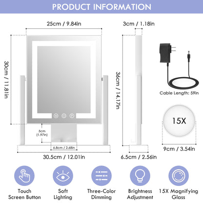 LuxeVue Makeup Mirror with Lights, Vanity Mirror with 3 Lighting Modes, Light Up Mirror, Touch Sensor, AC-Powered, 360° Rotatable, Metal Frame, with Detachable 3.5" 15X Spot Mirro, Gift for Women