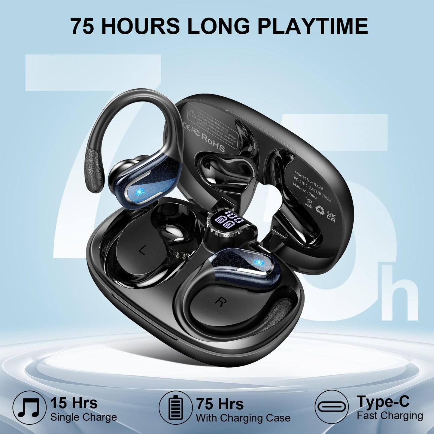 Ltinist Wireless Earbuds, 75hrs Bluetooth 5.4 Headphone Sport, 2025 Bluetooth Earbuds Deep Bass Over Ear Buds with Earhooks, ENC Noise Cancelling Earphone Mic, IPX8 Waterproof for Workout/Running/Gym