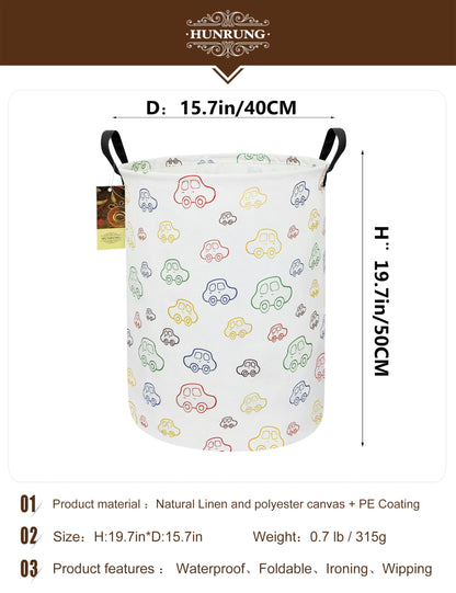 HUNRUNG Laundry Hamper,Large Canvas Fabric Lightweight Storage Basket Toy Organizer Dirty Clothes Collapsible Waterproof for College Dorms（Round-Car）