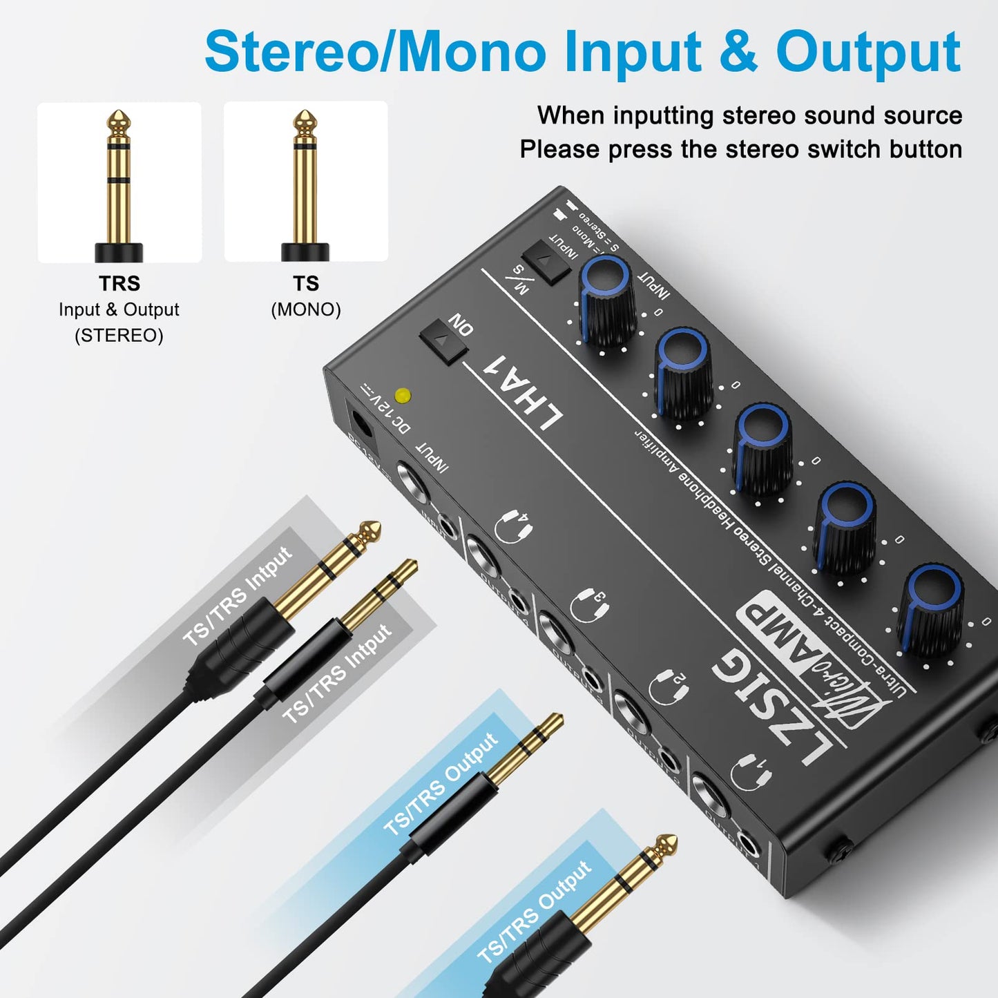 LZSIG Headphone Amplifier 4 Channel, Metal Stereo Audio Amplifier, Mini Earphone Splitter with Power Adapter, 1/4" & 1/8" TRS Headphones Output & TRS Audio Input, DC 12V
