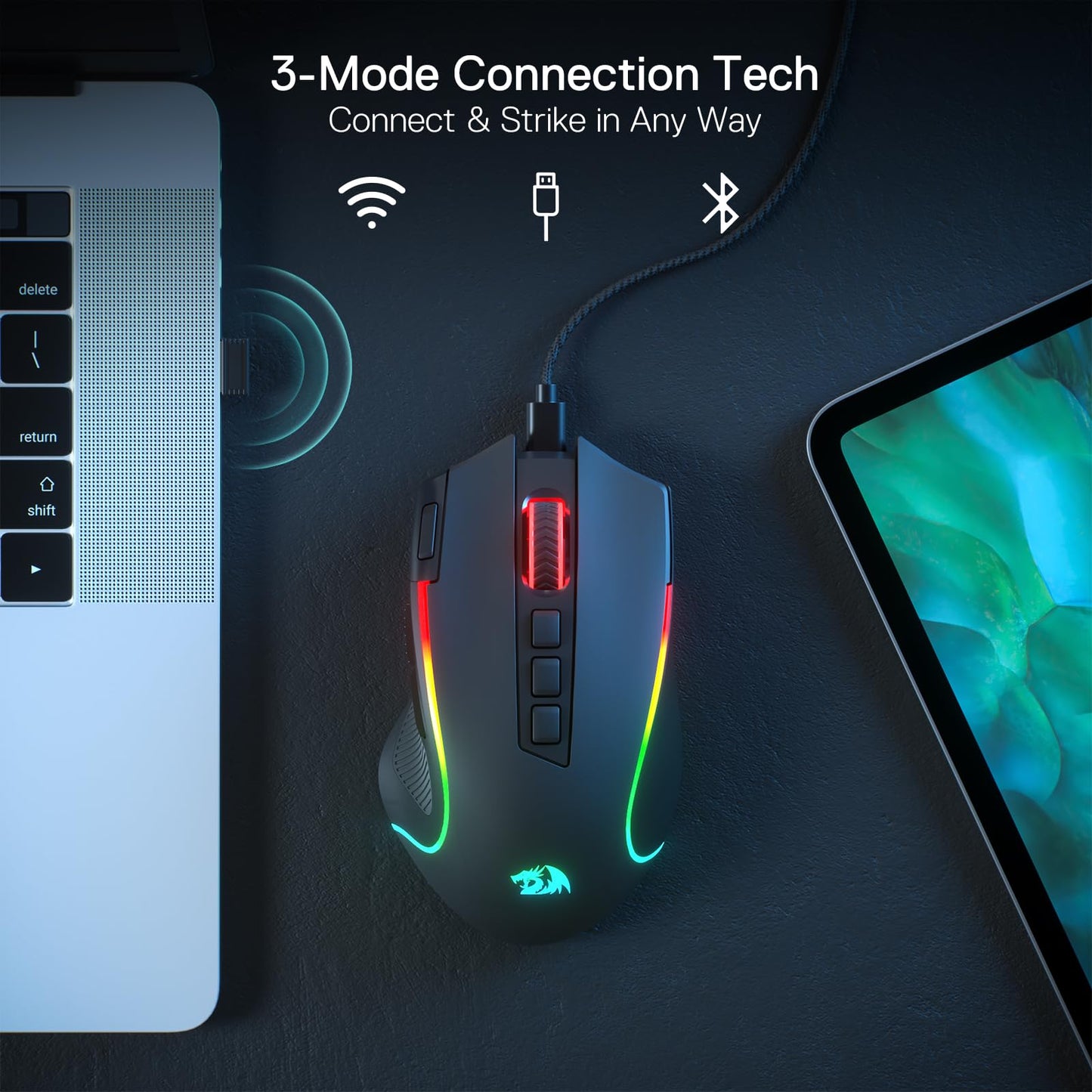 Redragon M612 PRO RGB Gaming Mouse, 8000 DPI Wired/Wireless Optical Mouse with 9 Programmable Buttons & 7 Backlit Modes, BT & 2.4G Wireless, Software Supports DIY Keybinds Rapid Fire Button