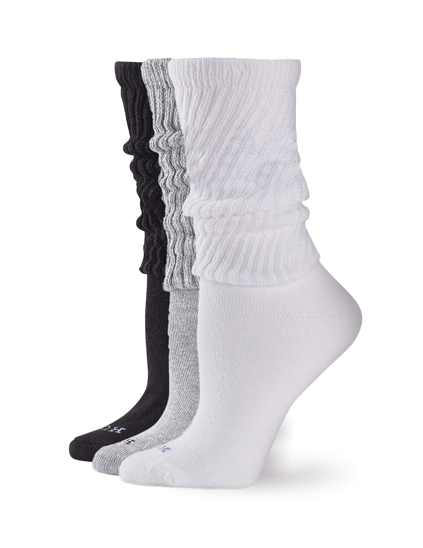 HUE Women's Slouch Socks 3 Pair Pack, White/Light Charcoal Heather/Black, One Size
