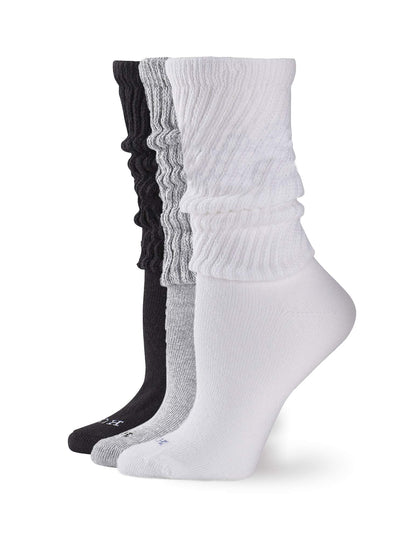 HUE Women's Slouch Socks 3 Pair Pack, White/Light Charcoal Heather/Black, One Size