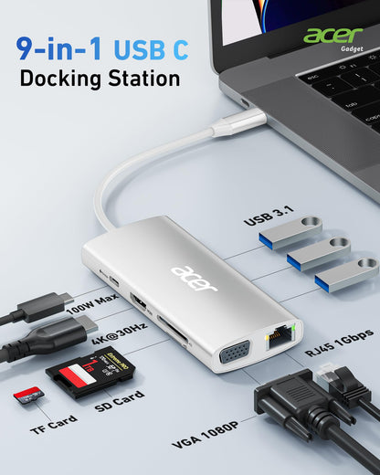 Acer USB C Hub with 4k@30Hz HDMI, 9-in-1 USB C to Ethernet Adapter, 5Gbps USB-A 3.1 Docking Station, PD 100W Charging, SD Card Reader, USB to VGA Splitter for MacBook, Acer, Laptops, Surface (Silver)