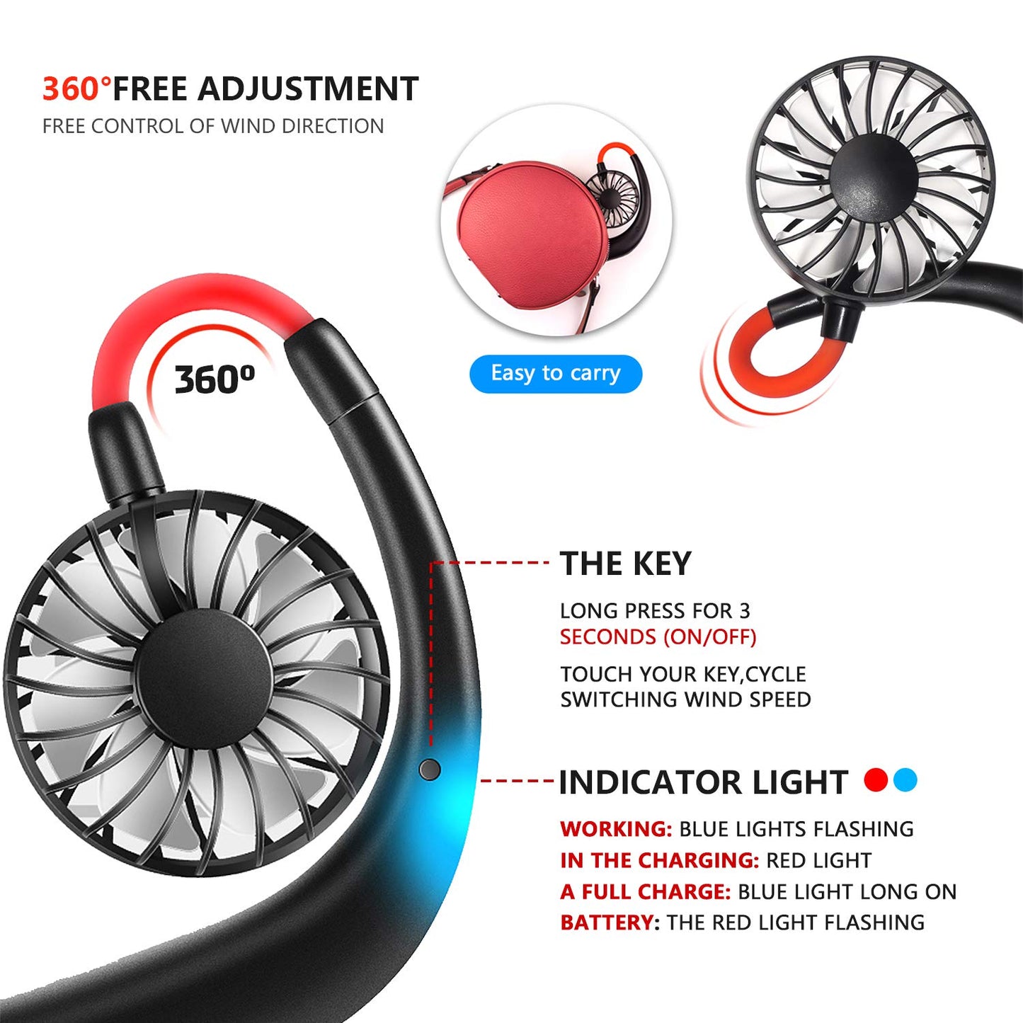 Portable Neck Fan 2500 mAh Rechargeable USB Hands-Free Mini Face Cooling Personal Double Headed Rotatable Small Fan for Working Office Reading Traveling Outdoor Sport