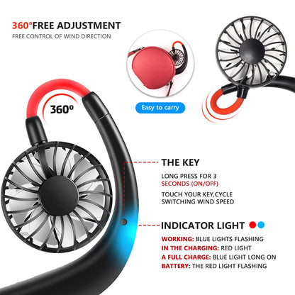 Portable Neck Fan 2500 mAh Rechargeable USB Hands-Free Mini Face Cooling Personal Double Headed Rotatable Small Fan for Working Office Reading Traveling Outdoor Sport