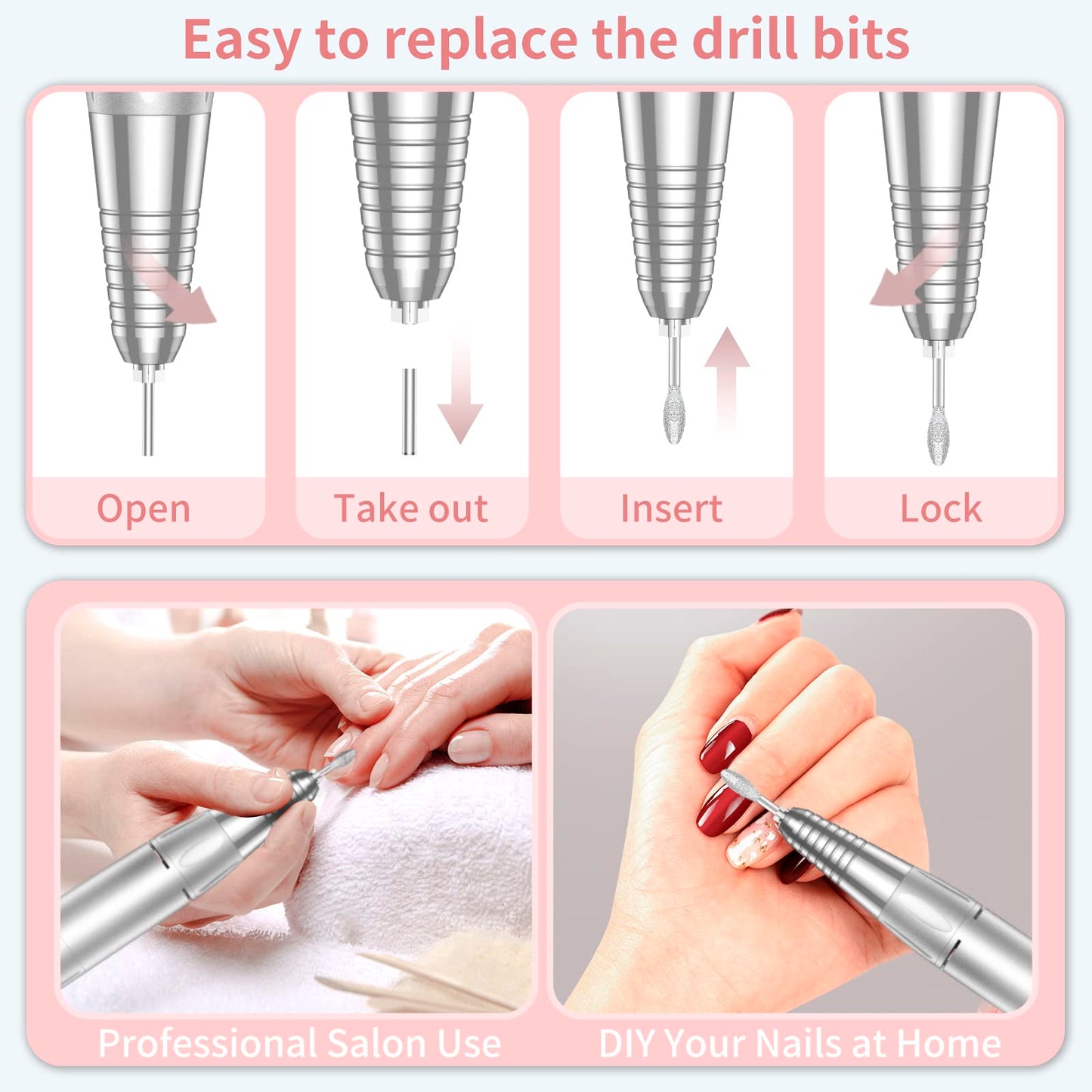 Portable Nail Drill Professional 35000 RPM, MOCOWIND Rechargeable Electric Nail File Machine E File for Acrylic Gel Polishing Removing, Cordless E-File with Bits Kit for Manicure Salon Home,Pink