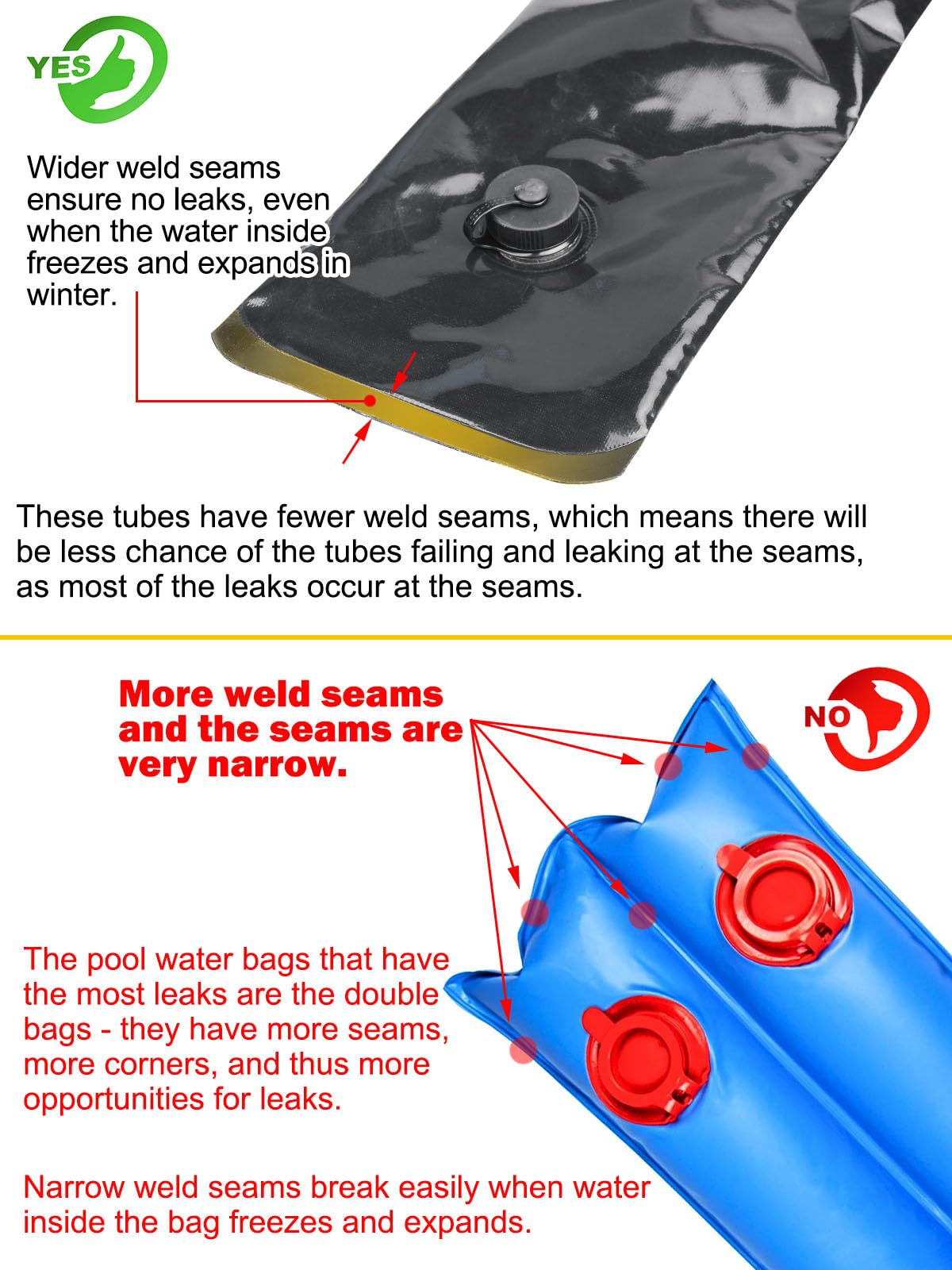 Abimars 0.7mm Thicker Black Winter Water Tube for Swimming Pool Covers, 12 Pack 10 FT Water Weight Bags for Pool Side, 3-Layer Composite Material