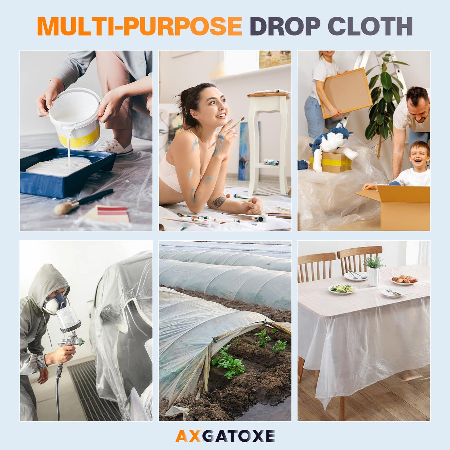 12 x 9 Ft Plastic Drop Cloths (6-Pack) - Disposable Painter's Sheeting & Tarps for Painting, Waterproof Furniture/Couch/Floor Protection